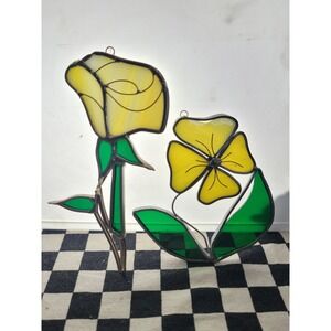 Stained Glass Flower Suncatcher Lot Yellow Floral Window Hanging Cracked